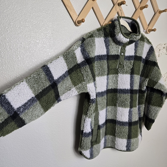 Madewell (Re)sourced Sherpa Popover Tunic Jacket in Plaid Olive Surplus Size S - Picture 6 of 16